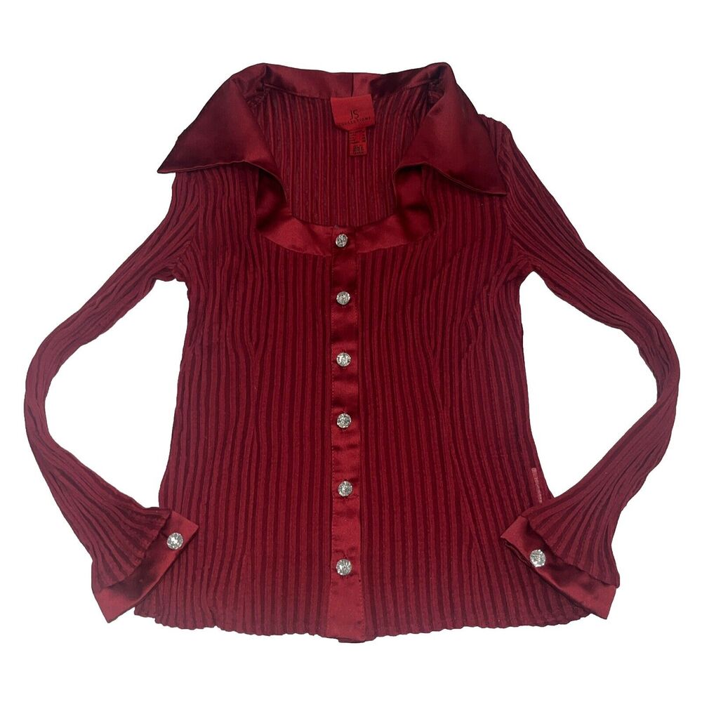 Vintage Designer JS Collections Ruby Red Vixen Blouse Sz 10 Crystal Buttons